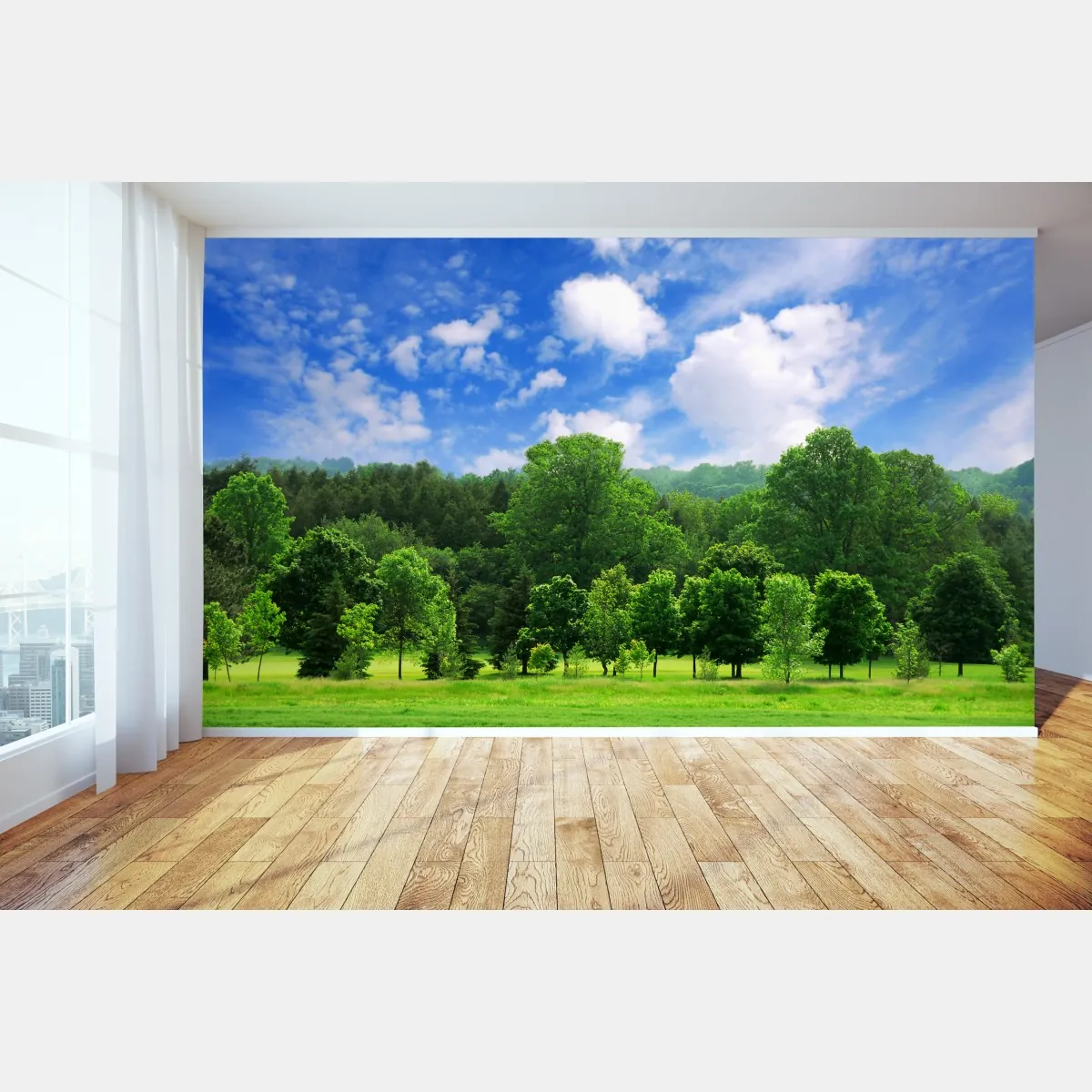 Fototapeta letni zielony las pod niebieskim niebem – Wallissimo® Fototapeta letni zielony las pod niebieskim niebem – Wallissimo®