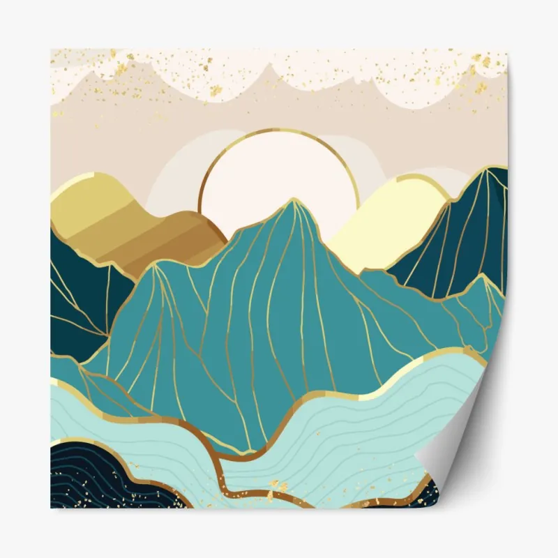 Naklejka repozycjonowalna turkusowe góry o złotych akcentach