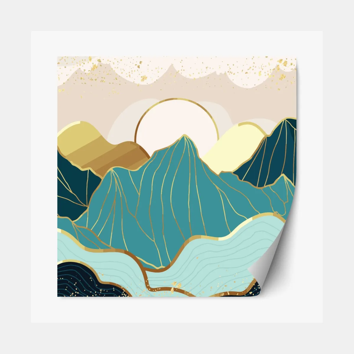 Naklejka repozycjonowalna turkusowe góry o złotych akcentach – Wallissimo® Naklejka repozycjonowalna turkusowe góry o złotych akcentach – Wallissimo®
