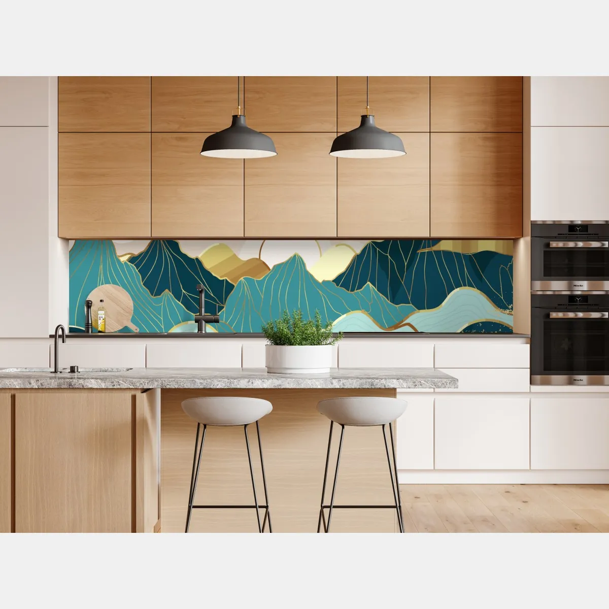 Naklejka repozycjonowalna turkusowe góry o złotych akcentach – Wallissimo® Naklejka repozycjonowalna turkusowe góry o złotych akcentach – Wallissimo®