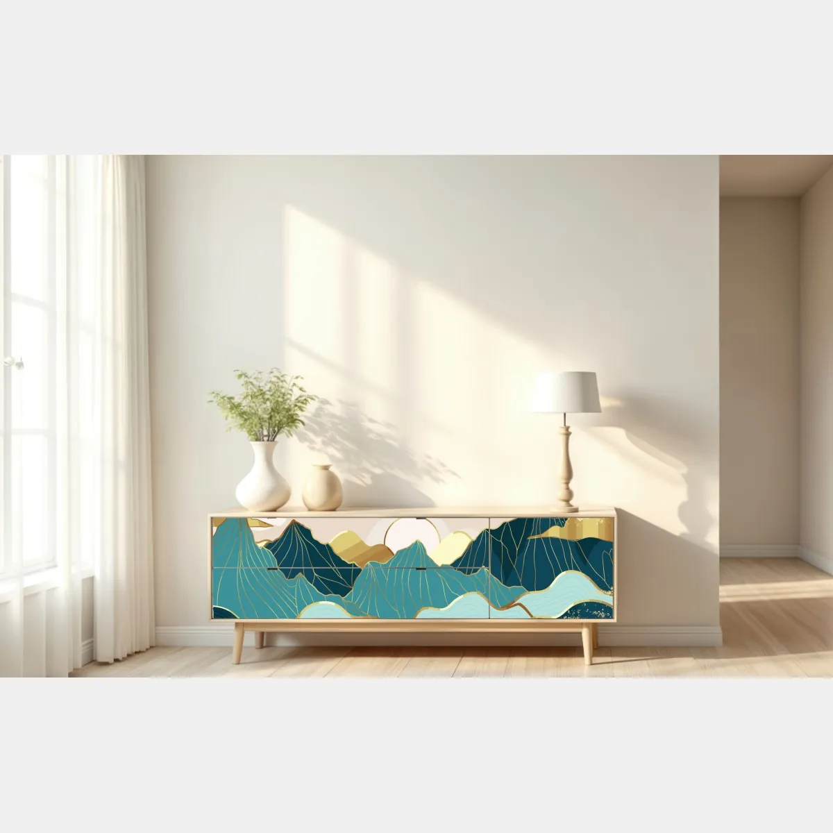 Naklejka repozycjonowalna turkusowe góry o złotych akcentach – Wallissimo® Naklejka repozycjonowalna turkusowe góry o złotych akcentach – Wallissimo®