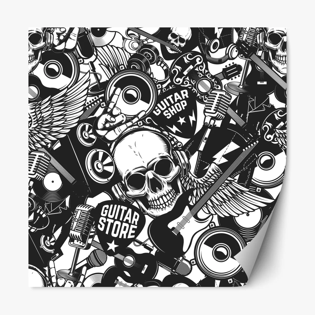 Naklejka repozycjonowalna rockowy kolaż z czaszką i gitarami – Wallissimo® Naklejka repozycjonowalna rockowy kolaż z czaszką i gitarami – Wallissimo®