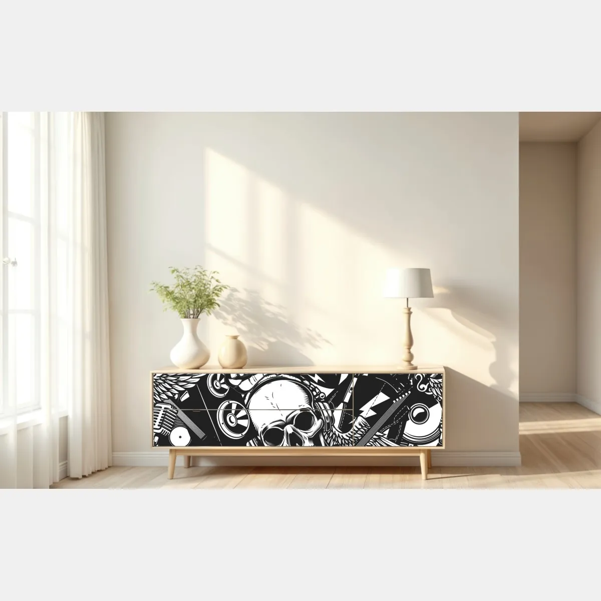 Naklejka repozycjonowalna rockowy kolaż z czaszką i gitarami – Wallissimo® Naklejka repozycjonowalna rockowy kolaż z czaszką i gitarami – Wallissimo®