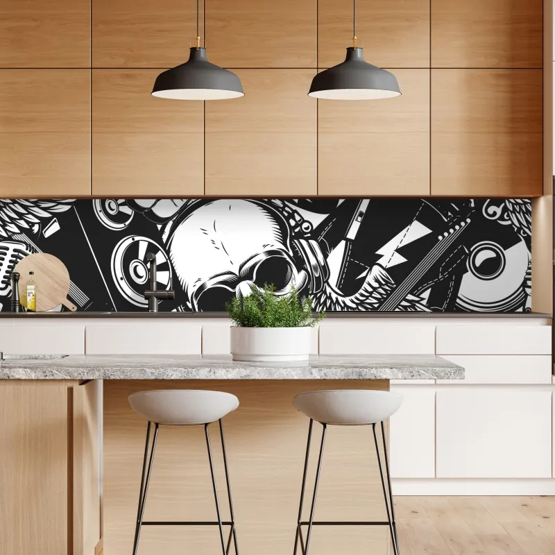 Naklejka repozycjonowalna rockowy kolaż z czaszką i gitarami – Wallissimo® Naklejka repozycjonowalna rockowy kolaż z czaszką i gitarami – Wallissimo®