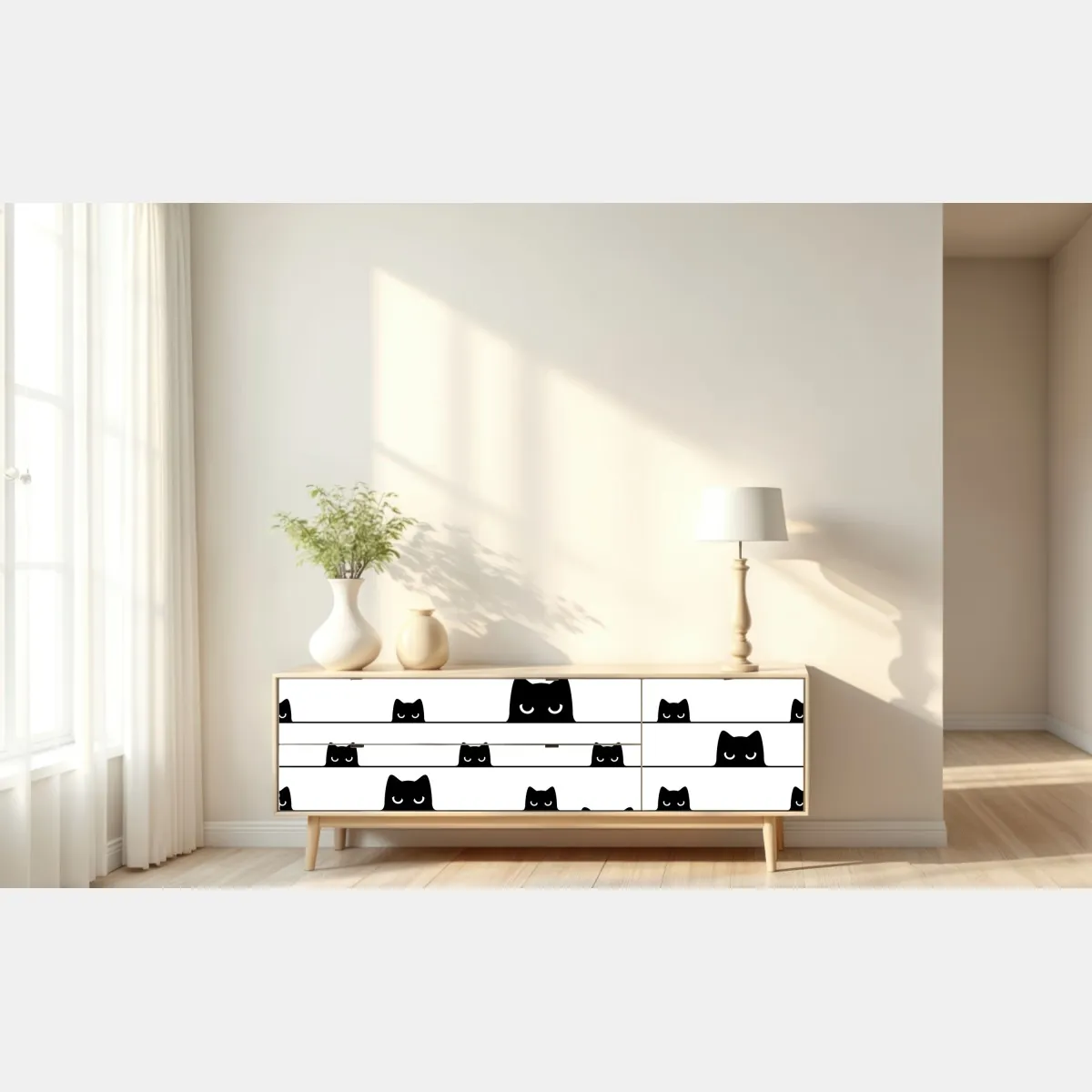 Naklejka repozycjonowalna figlarne koty wyglądające zza pasków – Wallissimo® Naklejka repozycjonowalna figlarne koty wyglądające zza pasków – Wallissimo®