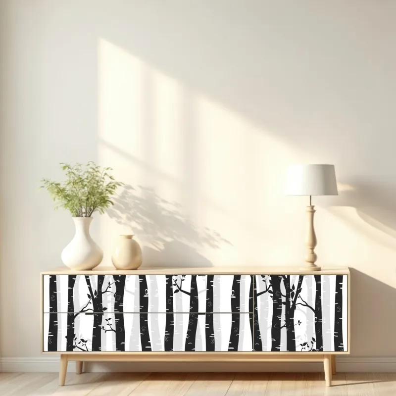 Naklejka repozycjonowalna monochromatyczny las brzóz – Wallissimo® Naklejka repozycjonowalna monochromatyczny las brzóz – Wallissimo®