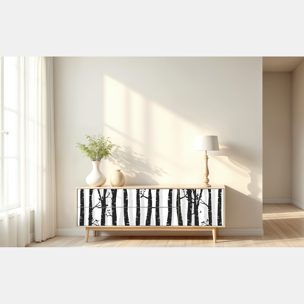 Naklejka repozycjonowalna monochromatyczny las brzóz – Wallissimo® Naklejka repozycjonowalna monochromatyczny las brzóz – Wallissimo®