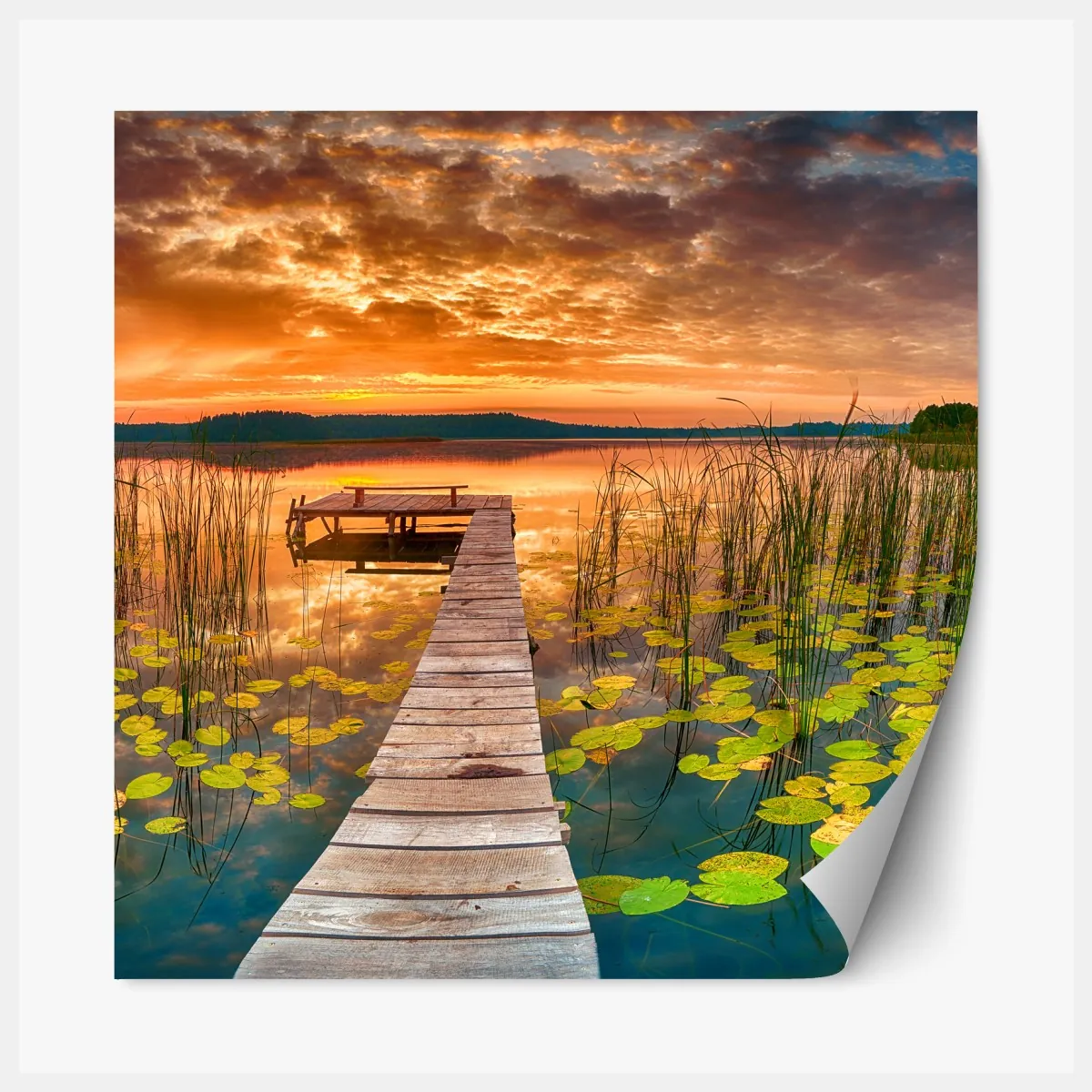 Naklejka repozycjonowalna wschód słońca nad spokojnym jeziorem z drewnianym pomostem – Wallissimo® Naklejka repozycjonowalna wschód słońca nad spokojnym jeziorem z drewnianym pomostem – Wallissimo®