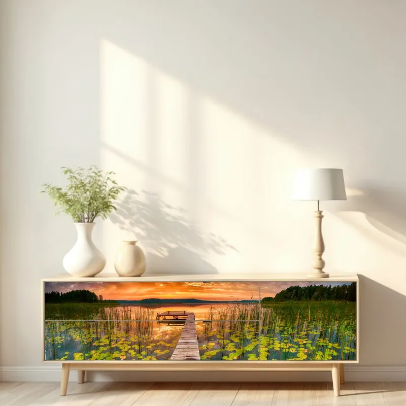 Naklejka repozycjonowalna wschód słońca nad spokojnym jeziorem z drewnianym pomostem – Wallissimo® Naklejka repozycjonowalna wschód słońca nad spokojnym jeziorem z drewnianym pomostem – Wallissimo®