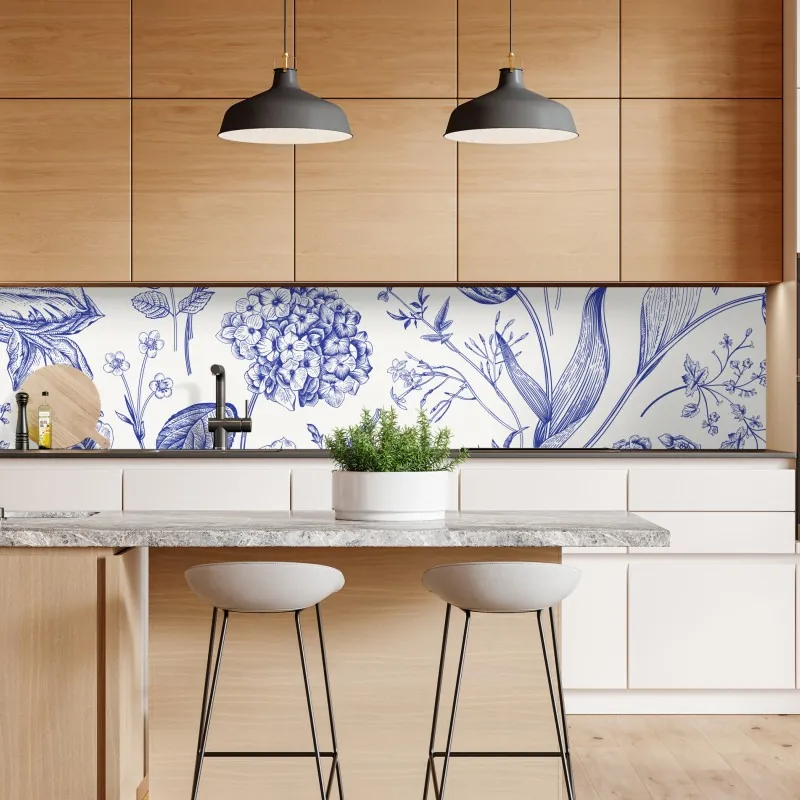 Naklejka repozycjonowalna klasyczny niebieski wzór toile z motywem kwiatowym