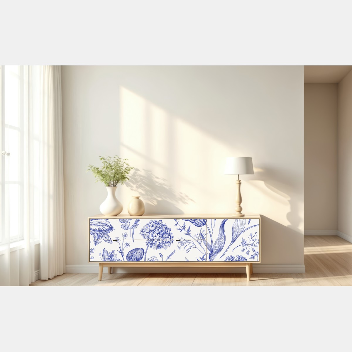 Naklejka repozycjonowalna klasyczny niebieski wzór toile z motywem kwiatowym – Wallissimo® Naklejka repozycjonowalna klasyczny niebieski wzór toile z motywem kwiatowym – Wallissimo®