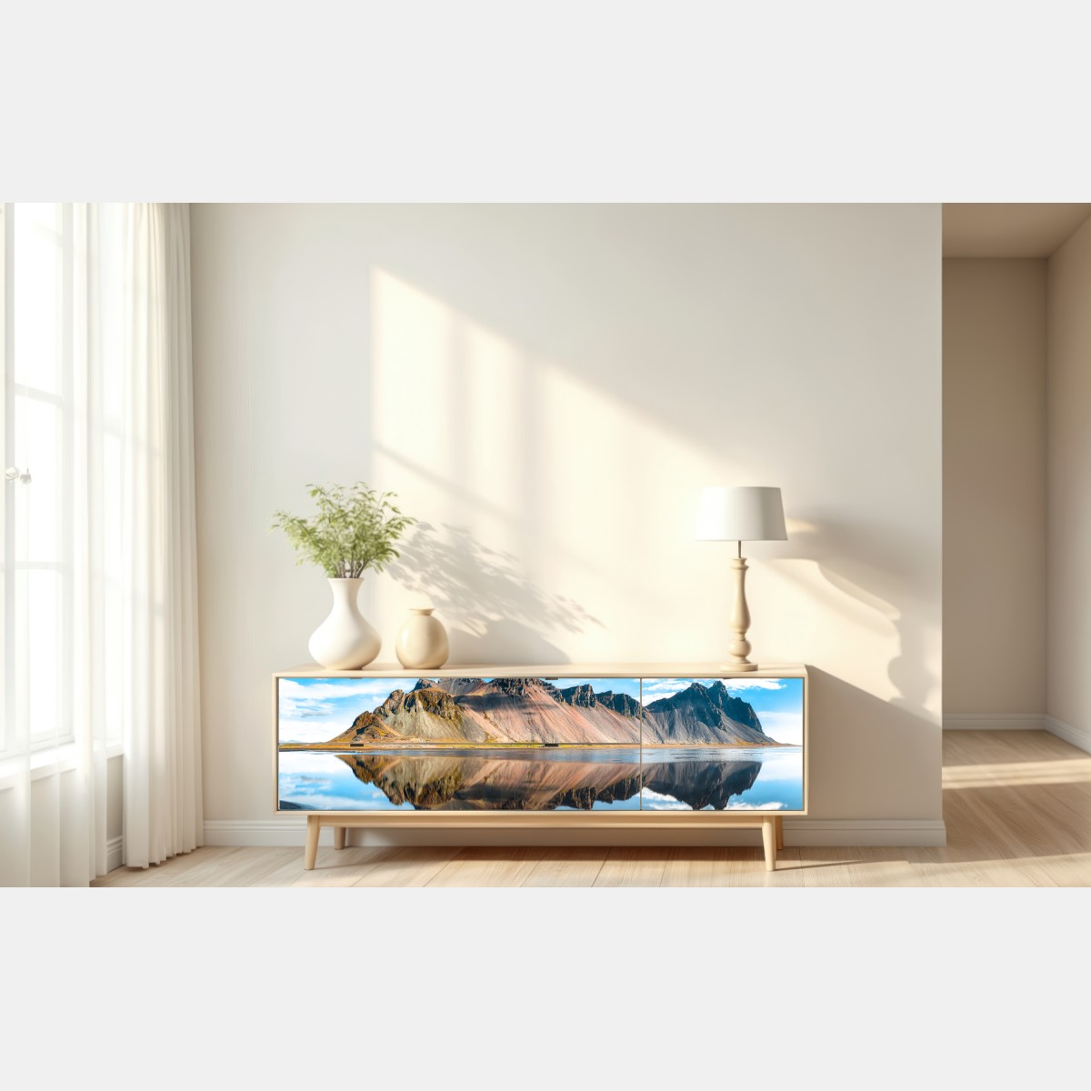 Naklejka repozycjonowalna odbicie Vestrahorn na spokojnych wodach Stokksnes, Islandia – Wallissimo® Naklejka repozycjonowalna odbicie Vestrahorn na spokojnych wodach Stokksnes, Islandia – Wallissimo®