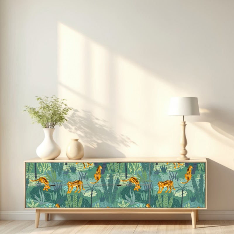 Naklejka repozycjonowalna tygrysy w tropikalnej dżungli – Wallissimo® Naklejka repozycjonowalna tygrysy w tropikalnej dżungli – Wallissimo®