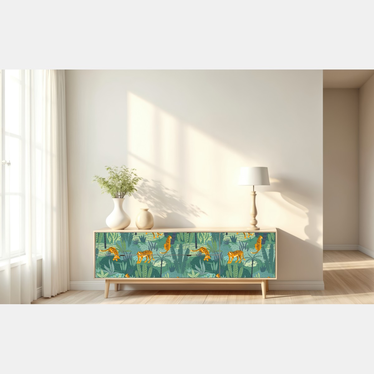 Naklejka repozycjonowalna tygrysy w tropikalnej dżungli – Wallissimo® Naklejka repozycjonowalna tygrysy w tropikalnej dżungli – Wallissimo®