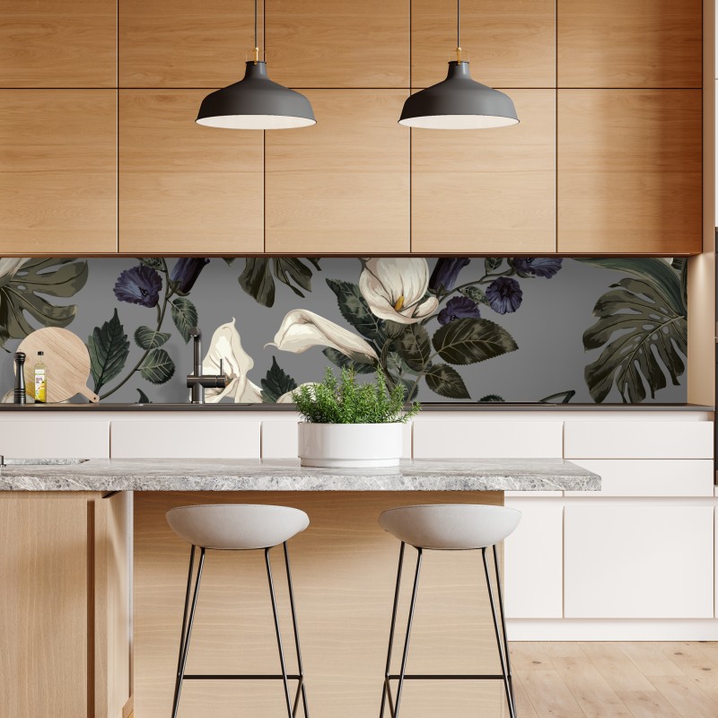 Naklejka repozycjonowalna botaniczny wzór: delikatne kalie i liście monstery na szarym tle – Wallissimo® Naklejka repozycjonowalna botaniczny wzór: delikatne kalie i liście monstery na szarym tle – Wallissimo®