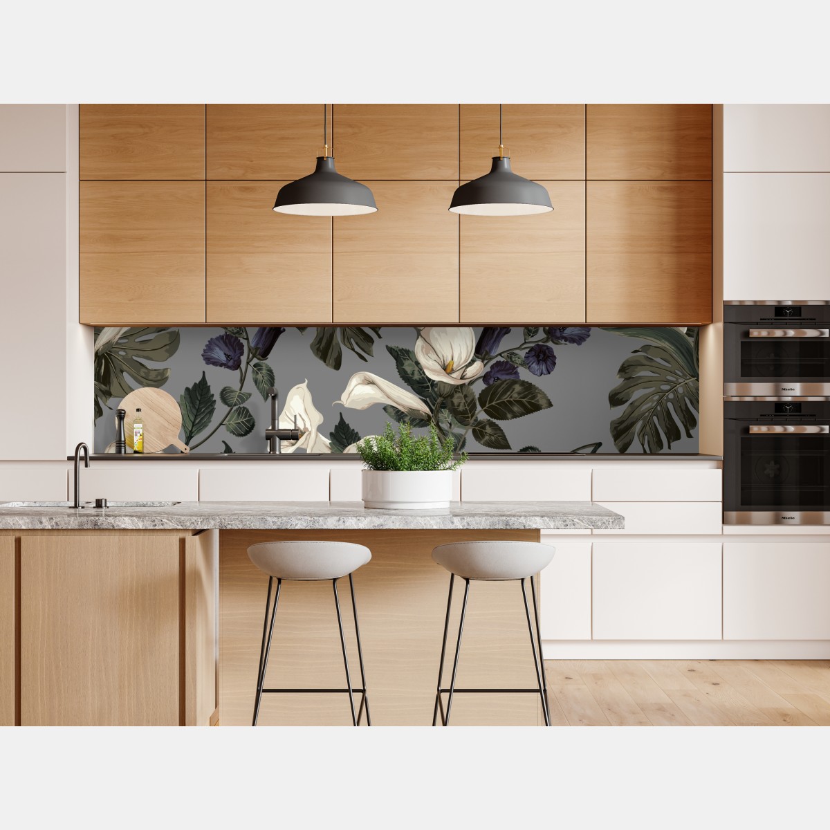 Naklejka repozycjonowalna botaniczny wzór: delikatne kalie i liście monstery na szarym tle – Wallissimo® Naklejka repozycjonowalna botaniczny wzór: delikatne kalie i liście monstery na szarym tle – Wallissimo®