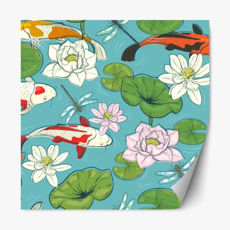 Naklejka repozycjonowalna koi, lilie wodne i ważki na błękitnym stawie
