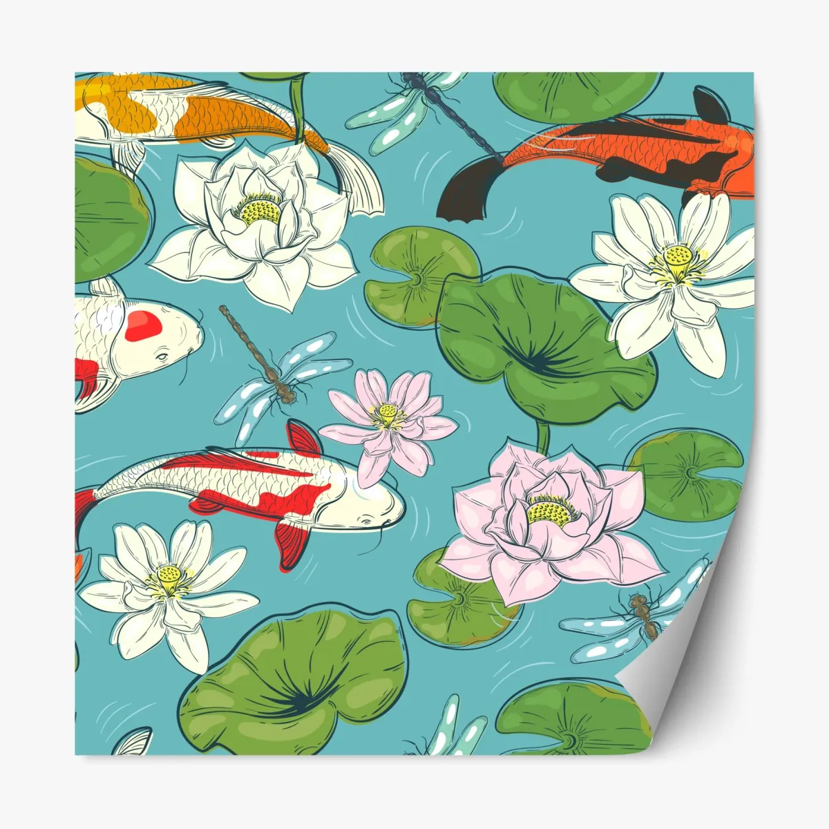 Naklejka repozycjonowalna koi, lilie wodne i ważki na błękitnym stawie – Wallissimo® Naklejka repozycjonowalna koi, lilie wodne i ważki na błękitnym stawie – Wallissimo®