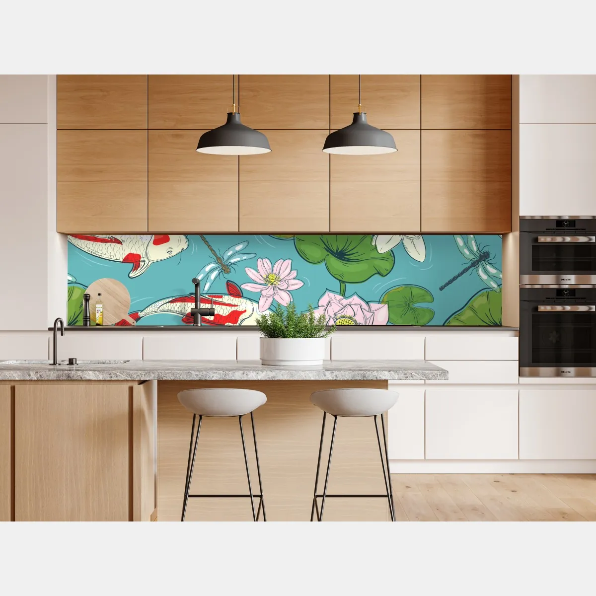 Naklejka repozycjonowalna koi, lilie wodne i ważki na błękitnym stawie – Wallissimo® Naklejka repozycjonowalna koi, lilie wodne i ważki na błękitnym stawie – Wallissimo®