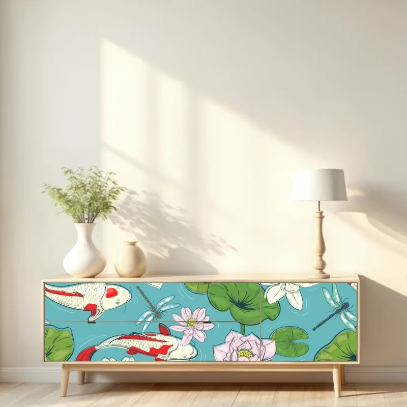 Naklejka repozycjonowalna koi, lilie wodne i ważki na błękitnym stawie – Wallissimo® Naklejka repozycjonowalna koi, lilie wodne i ważki na błękitnym stawie – Wallissimo®