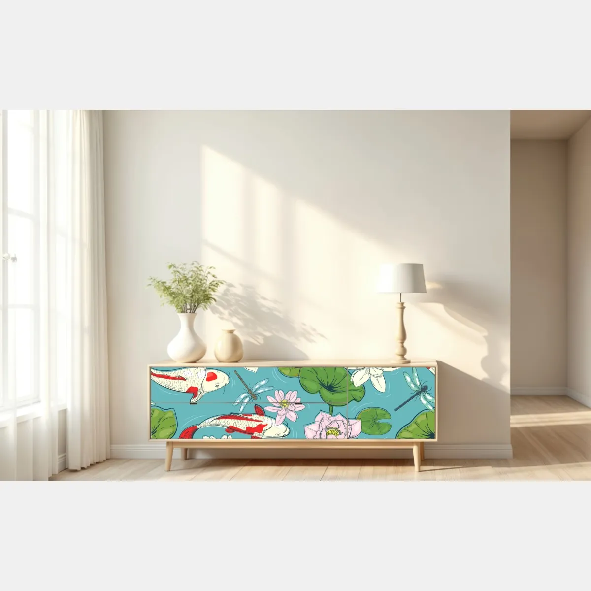 Naklejka repozycjonowalna koi, lilie wodne i ważki na błękitnym stawie – Wallissimo® Naklejka repozycjonowalna koi, lilie wodne i ważki na błękitnym stawie – Wallissimo®