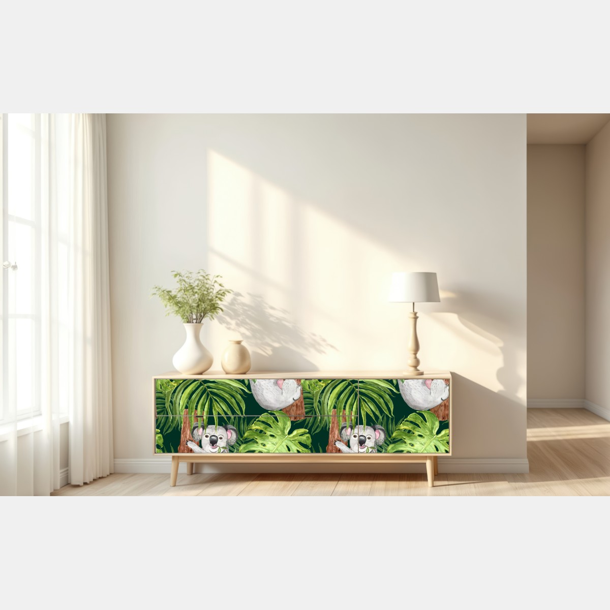 Naklejka repozycjonowalna uroczy wzór z koalami i tropikalnymi liśćmi w akwareli – Wallissimo® Naklejka repozycjonowalna uroczy wzór z koalami i tropikalnymi liśćmi w akwareli – Wallissimo®