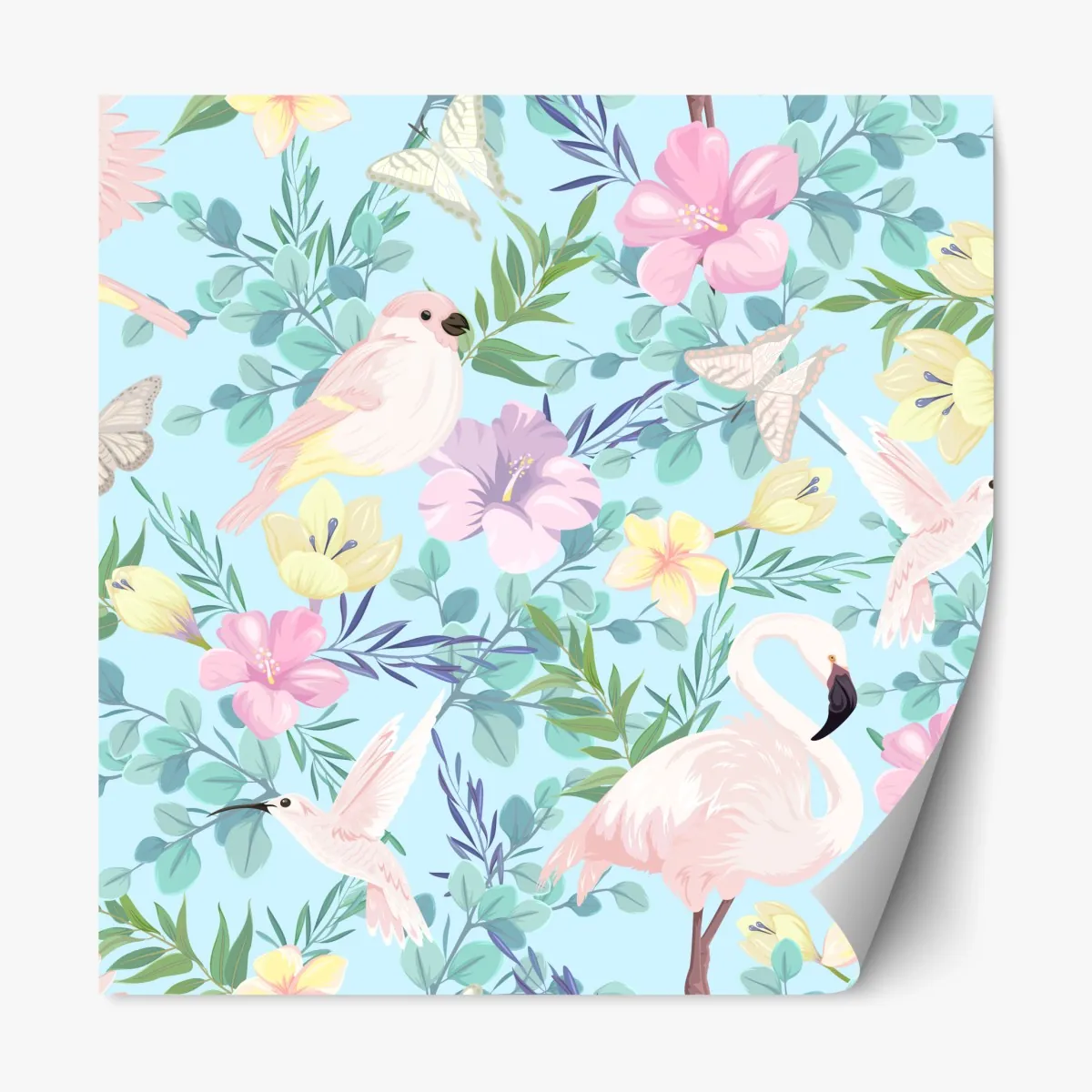 Naklejka repozycjonowalna pastelowy wzór z tropikalnymi ptakami i kwiatami – Wallissimo® Naklejka repozycjonowalna pastelowy wzór z tropikalnymi ptakami i kwiatami – Wallissimo®