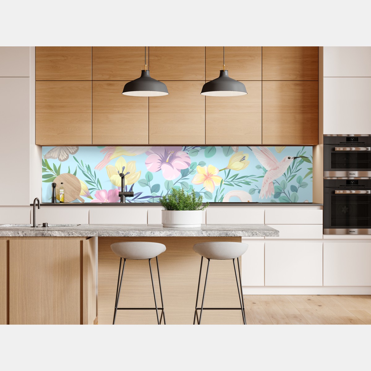 Naklejka repozycjonowalna pastelowy wzór z tropikalnymi ptakami i kwiatami – Wallissimo® Naklejka repozycjonowalna pastelowy wzór z tropikalnymi ptakami i kwiatami – Wallissimo®