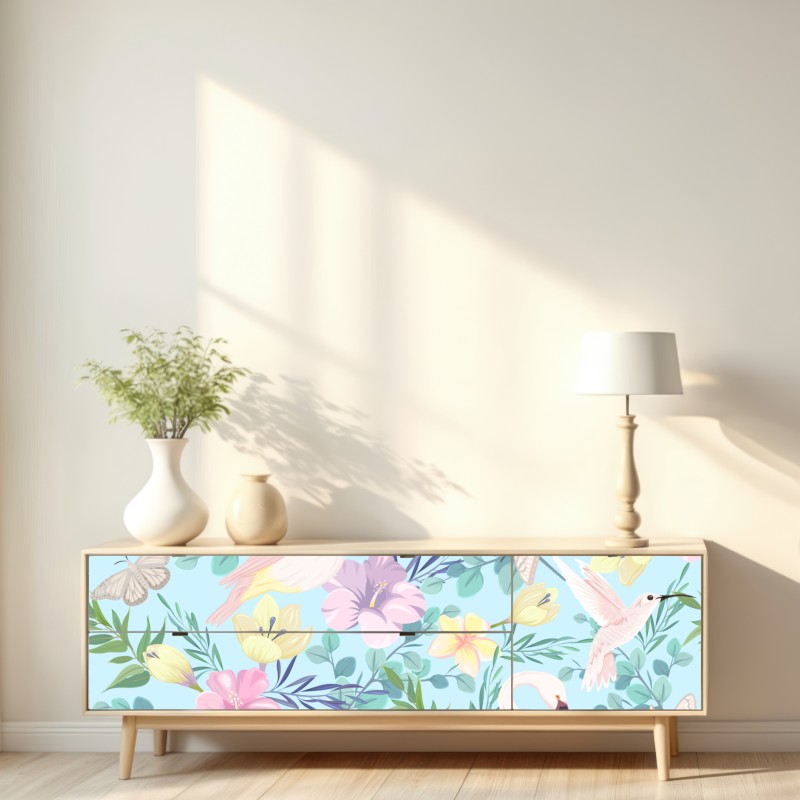 Naklejka repozycjonowalna pastelowy wzór z tropikalnymi ptakami i kwiatami – Wallissimo® Naklejka repozycjonowalna pastelowy wzór z tropikalnymi ptakami i kwiatami – Wallissimo®