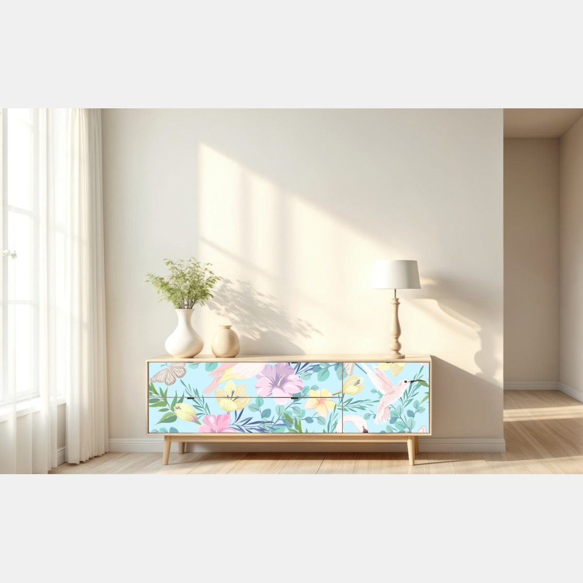 Naklejka repozycjonowalna pastelowy wzór z tropikalnymi ptakami i kwiatami – Wallissimo® Naklejka repozycjonowalna pastelowy wzór z tropikalnymi ptakami i kwiatami – Wallissimo®