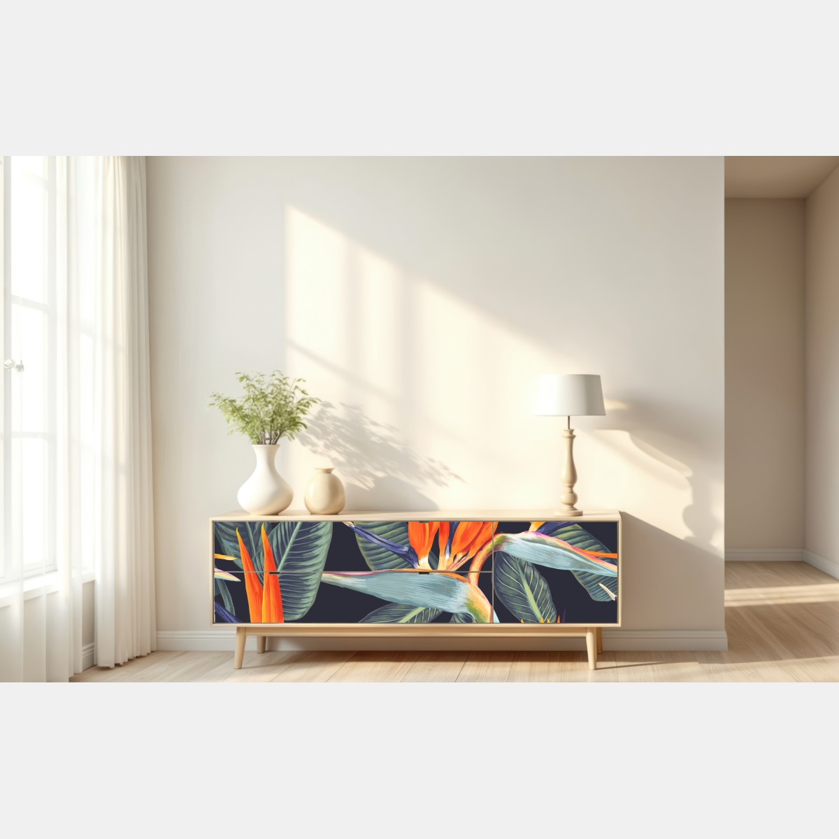 Naklejka repozycjonowalna tropikalny wzór ze strelicjami – Wallissimo® Naklejka repozycjonowalna tropikalny wzór ze strelicjami – Wallissimo®