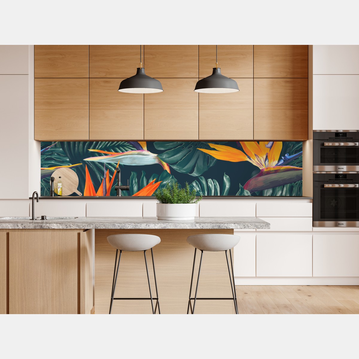 Naklejka repozycjonowalna egzotyczny motyw rajskich ptaków i liści monstery – Wallissimo® Naklejka repozycjonowalna egzotyczny motyw rajskich ptaków i liści monstery – Wallissimo®