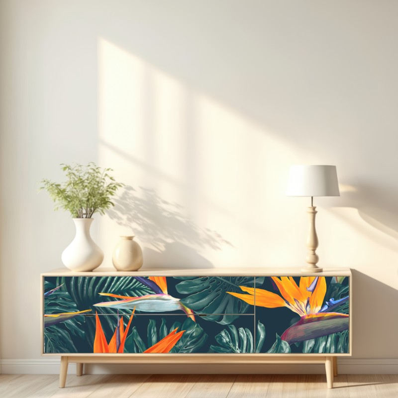 Naklejka repozycjonowalna egzotyczny motyw rajskich ptaków i liści monstery – Wallissimo® Naklejka repozycjonowalna egzotyczny motyw rajskich ptaków i liści monstery – Wallissimo®