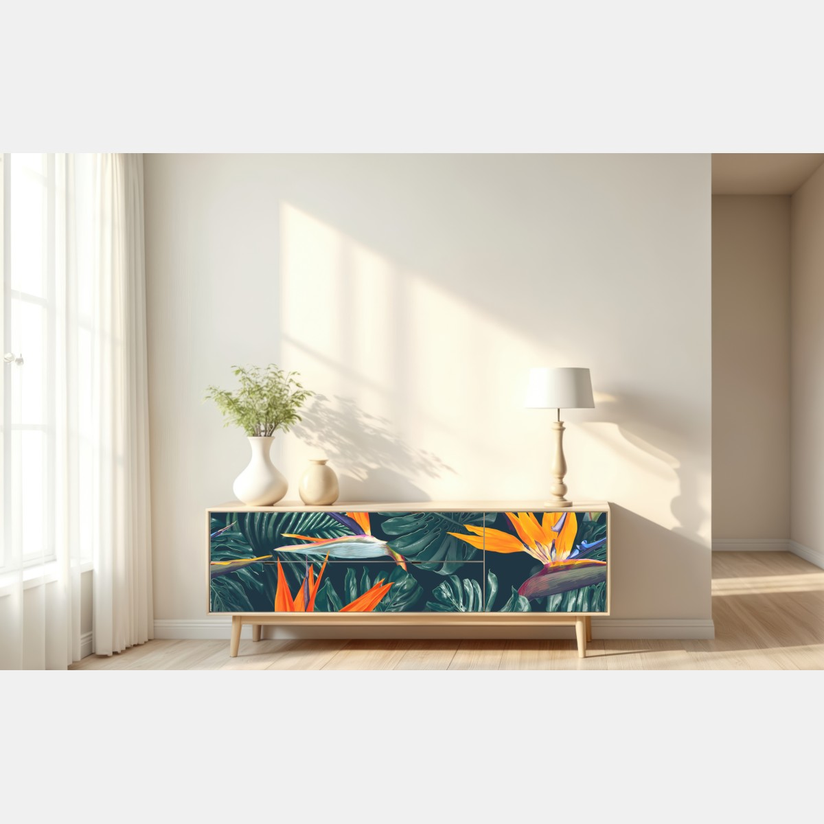 Naklejka repozycjonowalna egzotyczny motyw rajskich ptaków i liści monstery – Wallissimo® Naklejka repozycjonowalna egzotyczny motyw rajskich ptaków i liści monstery – Wallissimo®