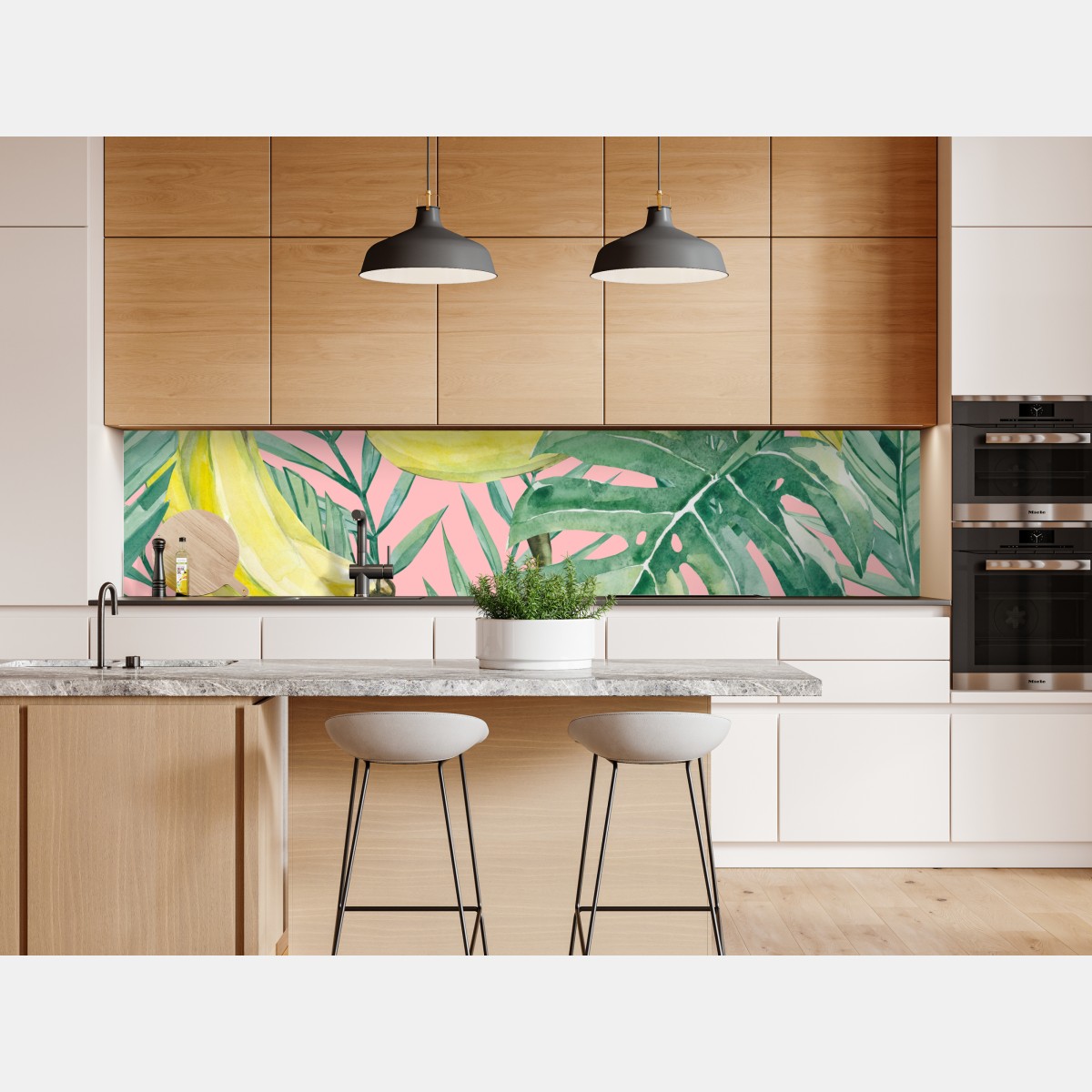 Naklejka repozycjonowalna akwarelowy wzór z bananami i liśćmi na różowym tle – Wallissimo® Naklejka repozycjonowalna akwarelowy wzór z bananami i liśćmi na różowym tle – Wallissimo®