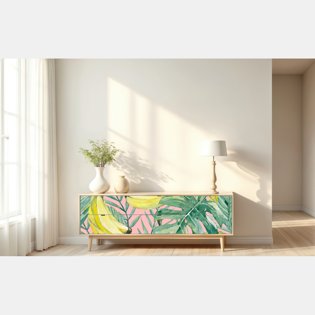 Naklejka repozycjonowalna akwarelowy wzór z bananami i liśćmi na różowym tle – Wallissimo® Naklejka repozycjonowalna akwarelowy wzór z bananami i liśćmi na różowym tle – Wallissimo®