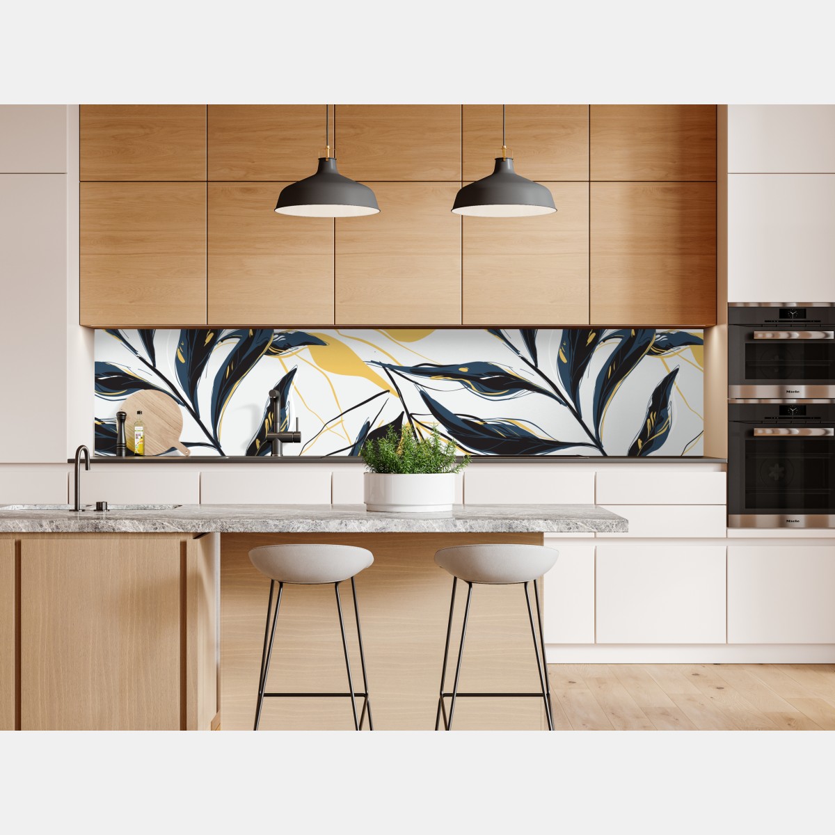 Naklejka repozycjonowalna granatowo-złoty botaniczny wzór liści – Wallissimo® Naklejka repozycjonowalna granatowo-złoty botaniczny wzór liści – Wallissimo®