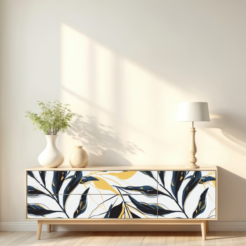 Naklejka repozycjonowalna granatowo-złoty botaniczny wzór liści – Wallissimo® Naklejka repozycjonowalna granatowo-złoty botaniczny wzór liści – Wallissimo®