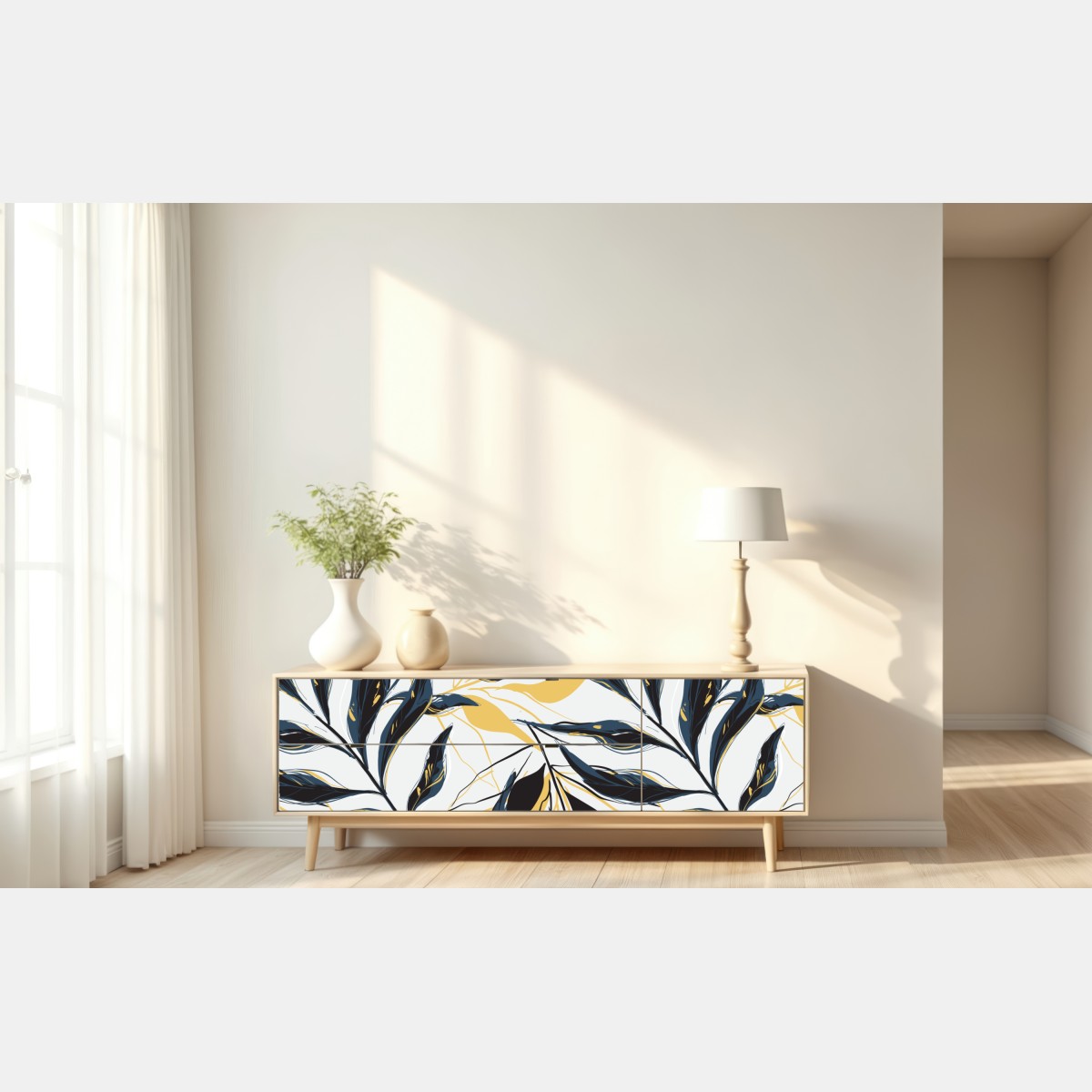 Naklejka repozycjonowalna granatowo-złoty botaniczny wzór liści – Wallissimo® Naklejka repozycjonowalna granatowo-złoty botaniczny wzór liści – Wallissimo®