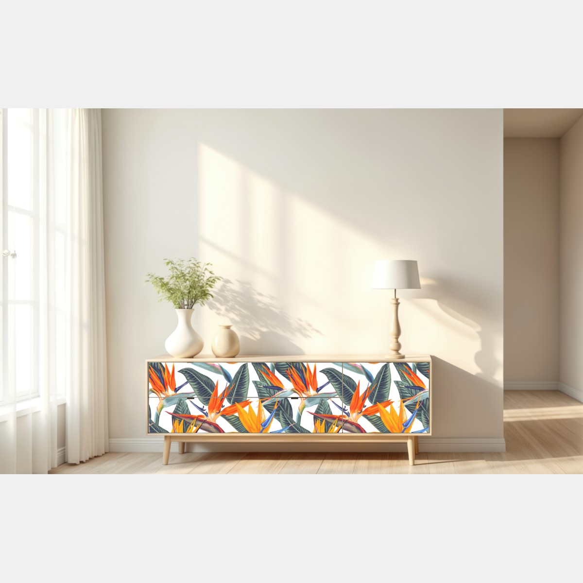 Naklejka repozycjonowalna tropikalny wzór strelicji – Wallissimo® Naklejka repozycjonowalna tropikalny wzór strelicji – Wallissimo®