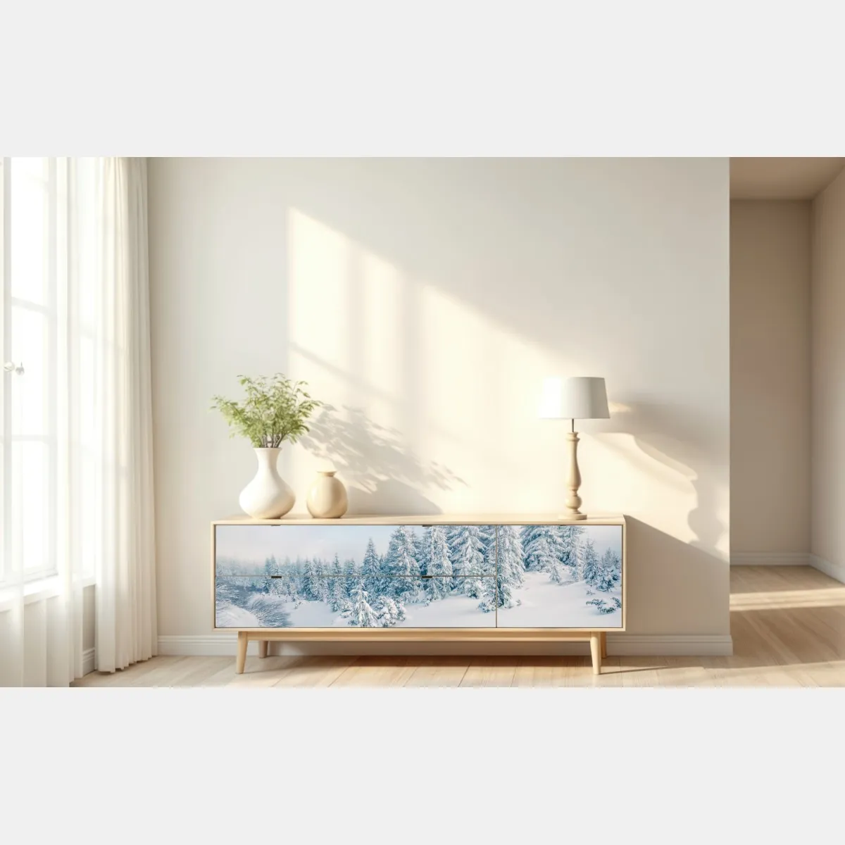 Naklejka repozycjonowalna zimowa panorama lasu z zaśnieżonymi jodłami – Wallissimo® Naklejka repozycjonowalna zimowa panorama lasu z zaśnieżonymi jodłami – Wallissimo®