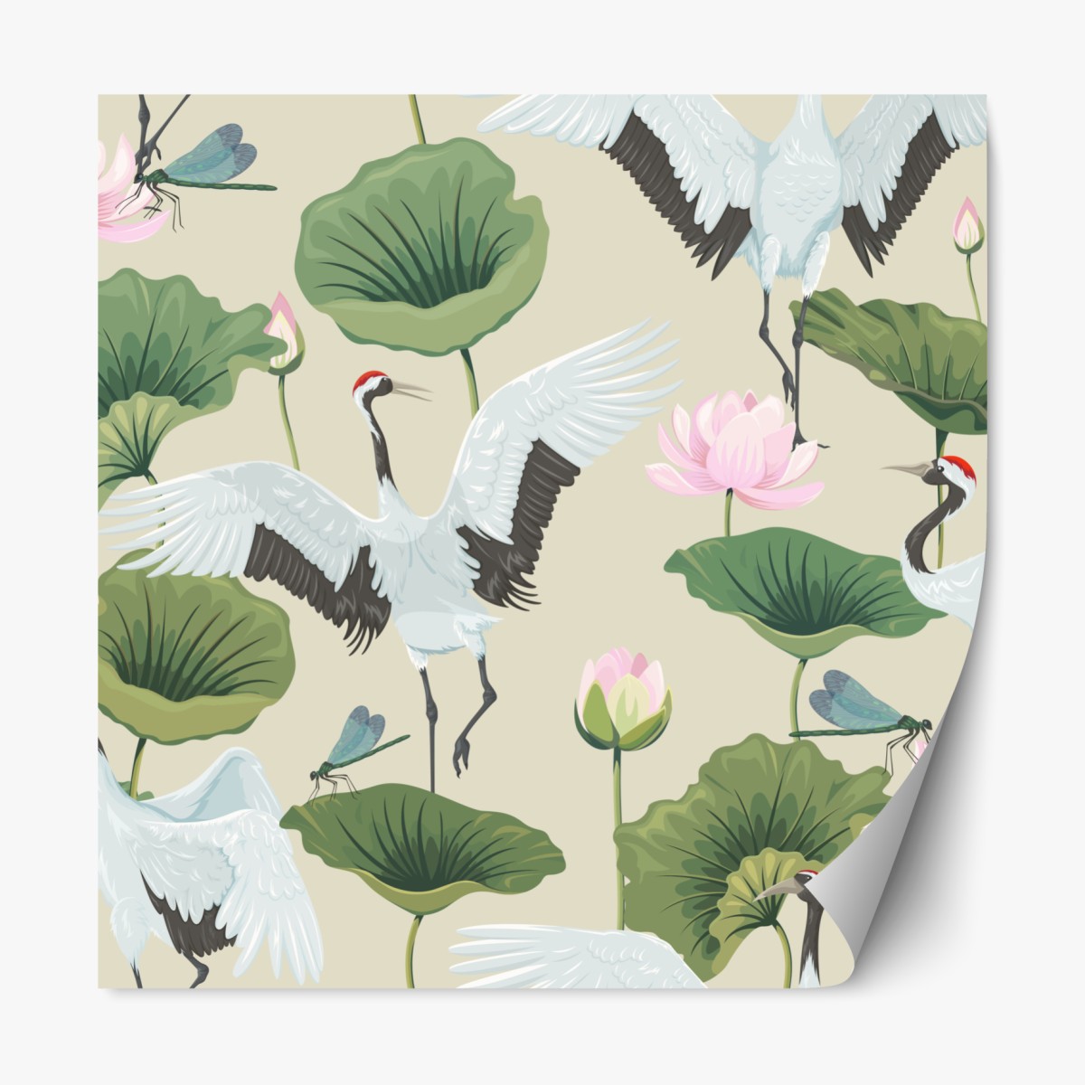 Repositionable sticker elegant crane and lotus botanical pattern