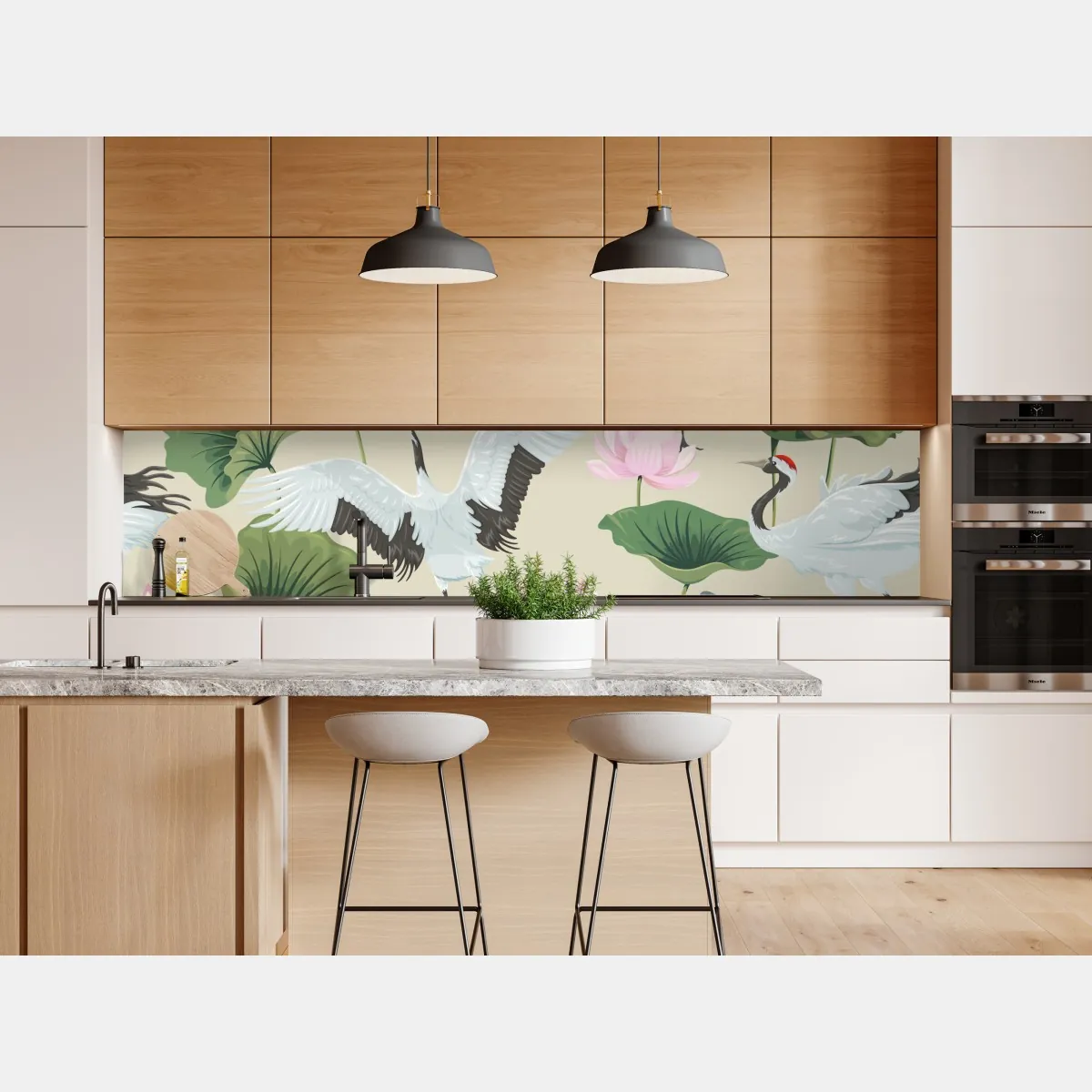 Naklejka repozycjonowalna elegancki wzór z żurawiami i lotosami – Wallissimo® Naklejka repozycjonowalna elegancki wzór z żurawiami i lotosami – Wallissimo®