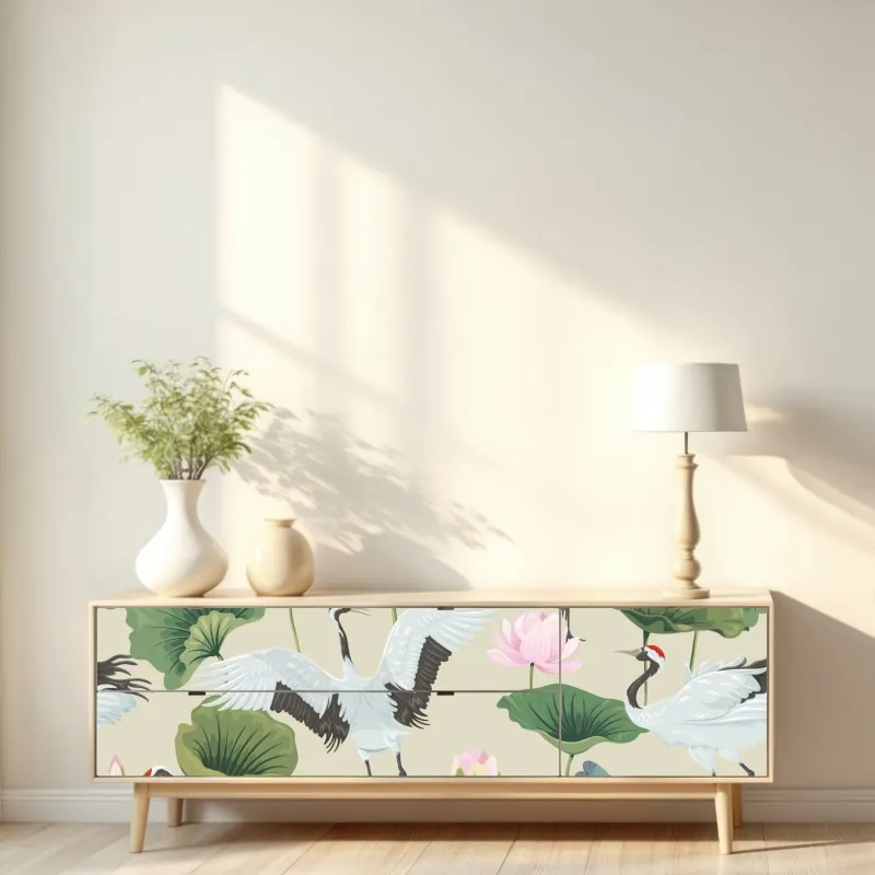 Naklejka repozycjonowalna elegancki wzór z żurawiami i lotosami – Wallissimo® Naklejka repozycjonowalna elegancki wzór z żurawiami i lotosami – Wallissimo®