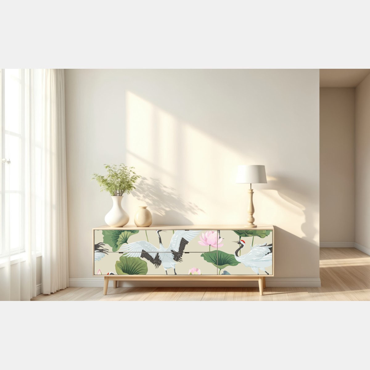 Naklejka repozycjonowalna elegancki wzór z żurawiami i lotosami – Wallissimo® Naklejka repozycjonowalna elegancki wzór z żurawiami i lotosami – Wallissimo®