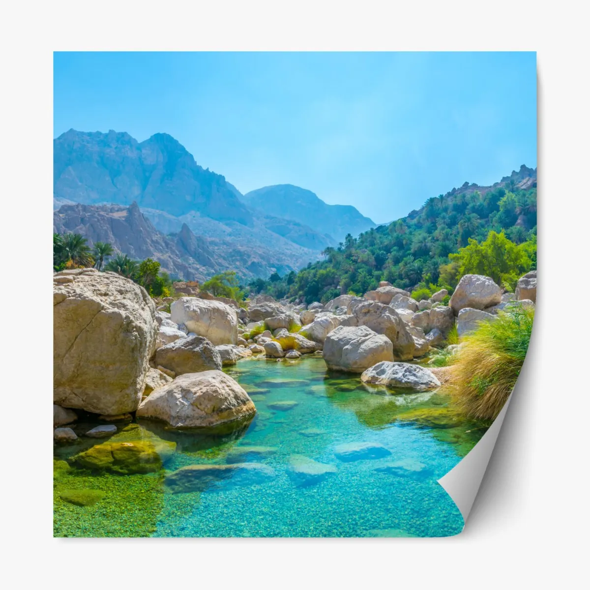 Naklejka repozycjonowalna turkusowa górska oaza – Wallissimo® Naklejka repozycjonowalna turkusowa górska oaza – Wallissimo®