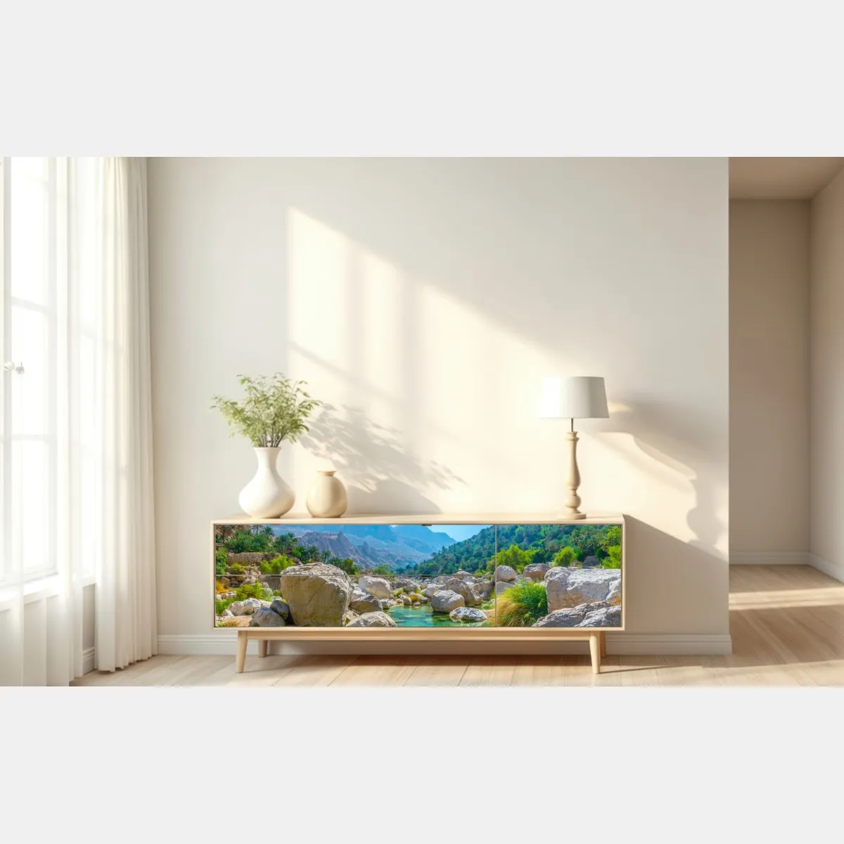 Naklejka repozycjonowalna turkusowa górska oaza – Wallissimo® Naklejka repozycjonowalna turkusowa górska oaza – Wallissimo®