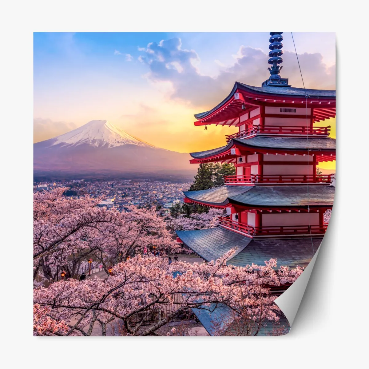 Naklejka repozycjonowalna zachód słońca nad Górą Fudżi i pagodą Chureito – Wallissimo® Naklejka repozycjonowalna zachód słońca nad Górą Fudżi i pagodą Chureito – Wallissimo®