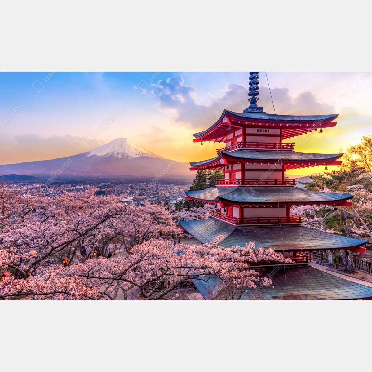 Naklejka repozycjonowalna zachód słońca nad Górą Fudżi i pagodą Chureito – Wallissimo® Naklejka repozycjonowalna zachód słońca nad Górą Fudżi i pagodą Chureito – Wallissimo®