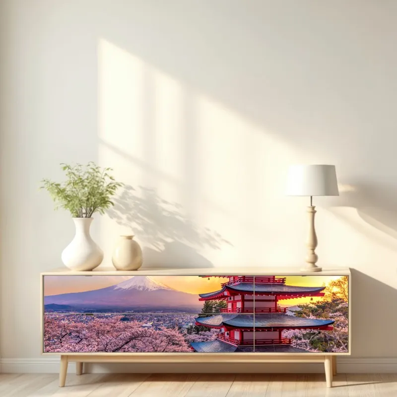 Naklejka repozycjonowalna zachód słońca nad Górą Fudżi i pagodą Chureito – Wallissimo® Naklejka repozycjonowalna zachód słońca nad Górą Fudżi i pagodą Chureito – Wallissimo®
